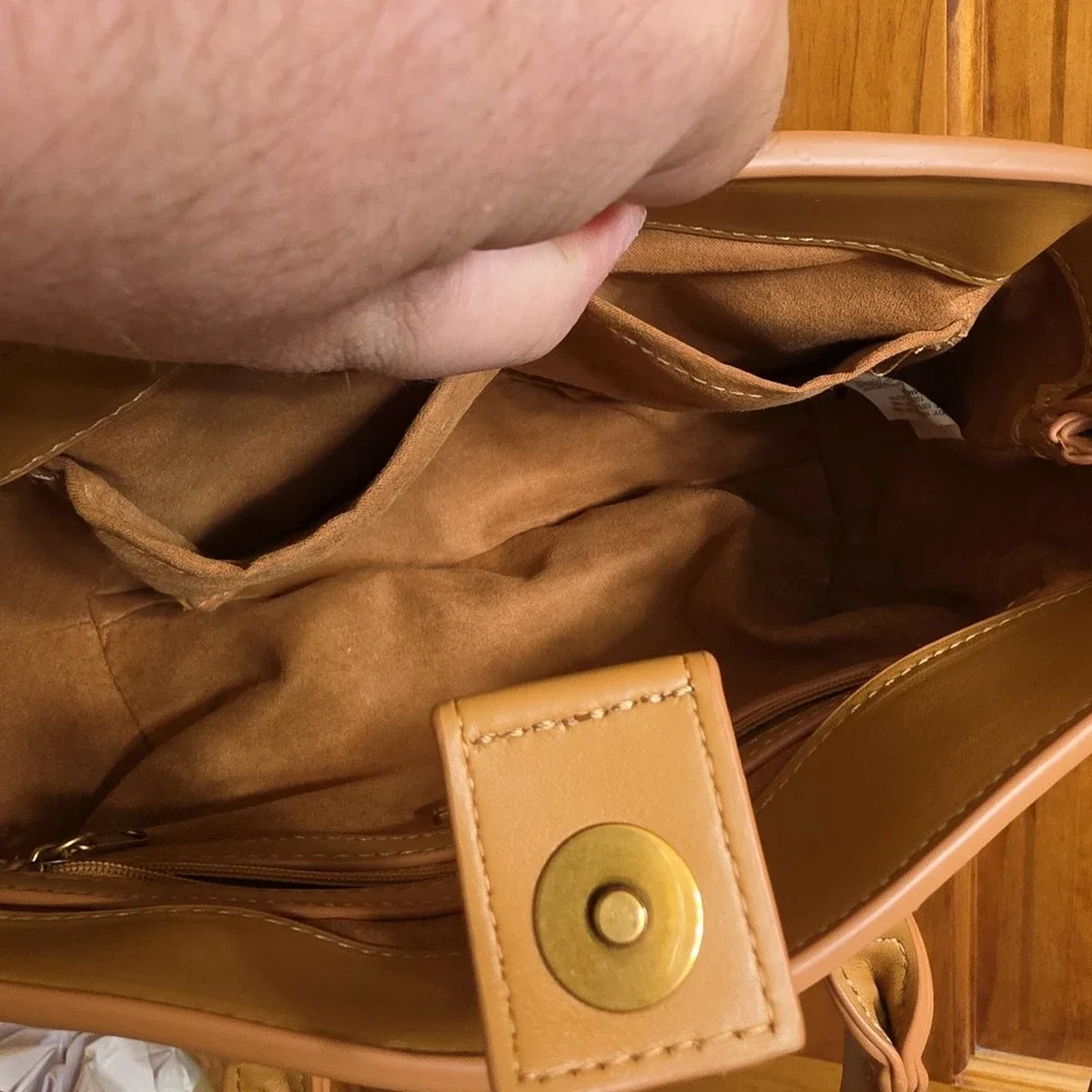 Steve Madden Medium Satchel Handbag Women Tan Faux Leather Gold Hardware New